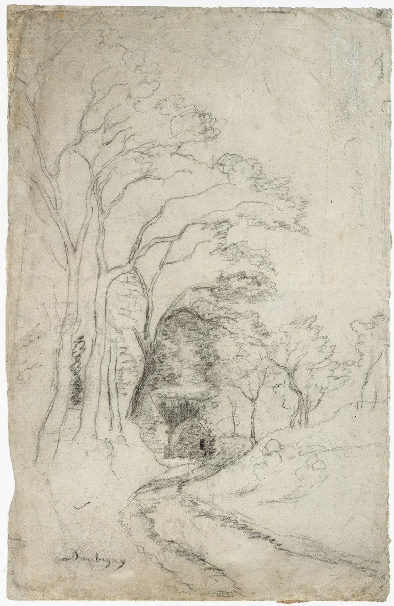 Country Road Landscape with Trees (recto); Landscape with Trees (verso) by Charles-François Daubigny, drawing, 1860-1879