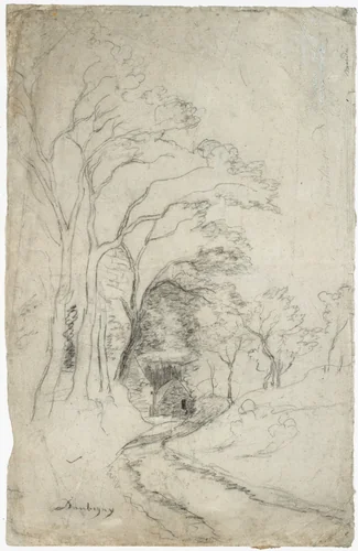 Country Road Landscape with Trees (recto); Landscape with Trees (verso) by Charles-François Daubigny, drawing, 1860-1879