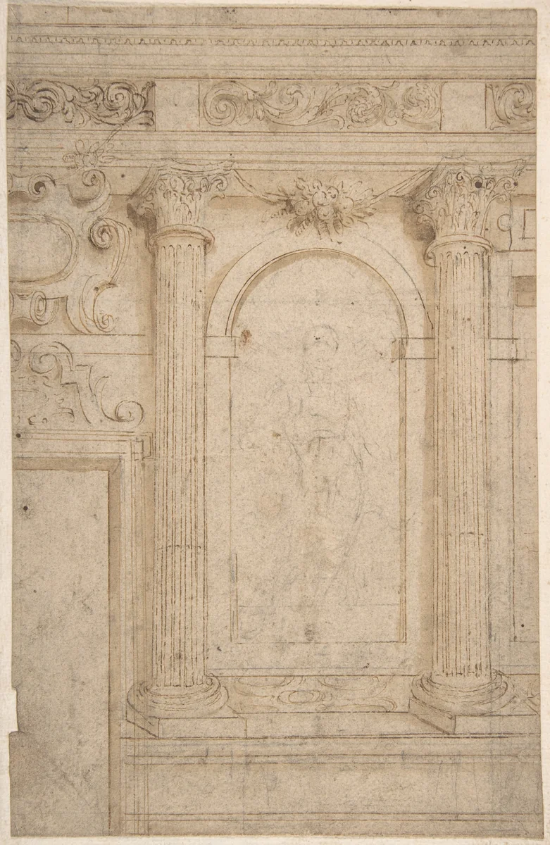 Architectural Design with Two Columns and Figure by anonymous, drawing, 1600-1699