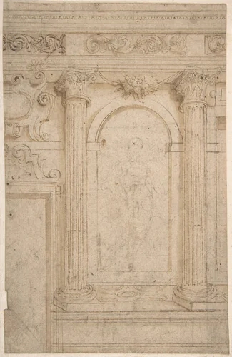 Architectural Design with Two Columns and Figure by anonymous, drawing, 1600-1699