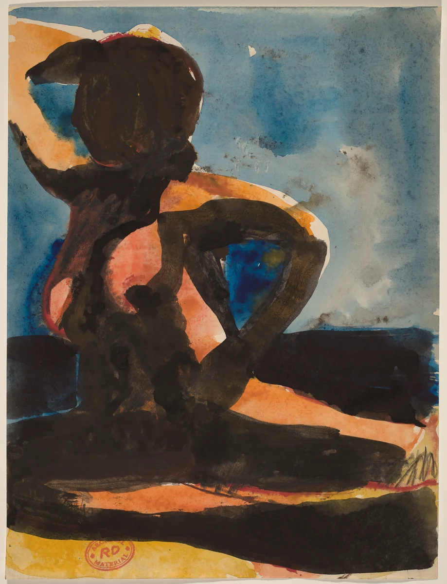 Untitled [female nude seated on the floor with left arm raised] by Richard Diebenkorn, drawing, 1955-1967