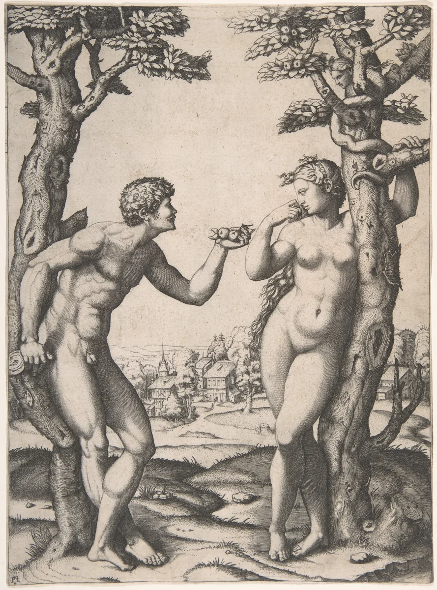 Adam and Eve flanked by two trees, a town in the background by Marcantonio Raimondi, print, 1507-1517