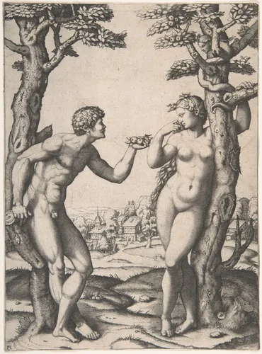 Adam and Eve flanked by two trees, a town in the background by Marcantonio Raimondi, print, 1507-1517