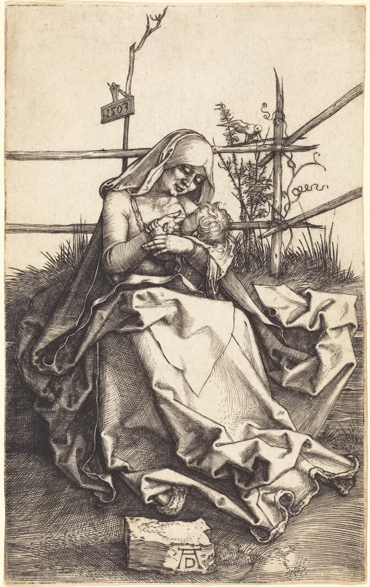 The Virgin and Child on a Grassy Bench by Albrecht Dürer, print, 1503