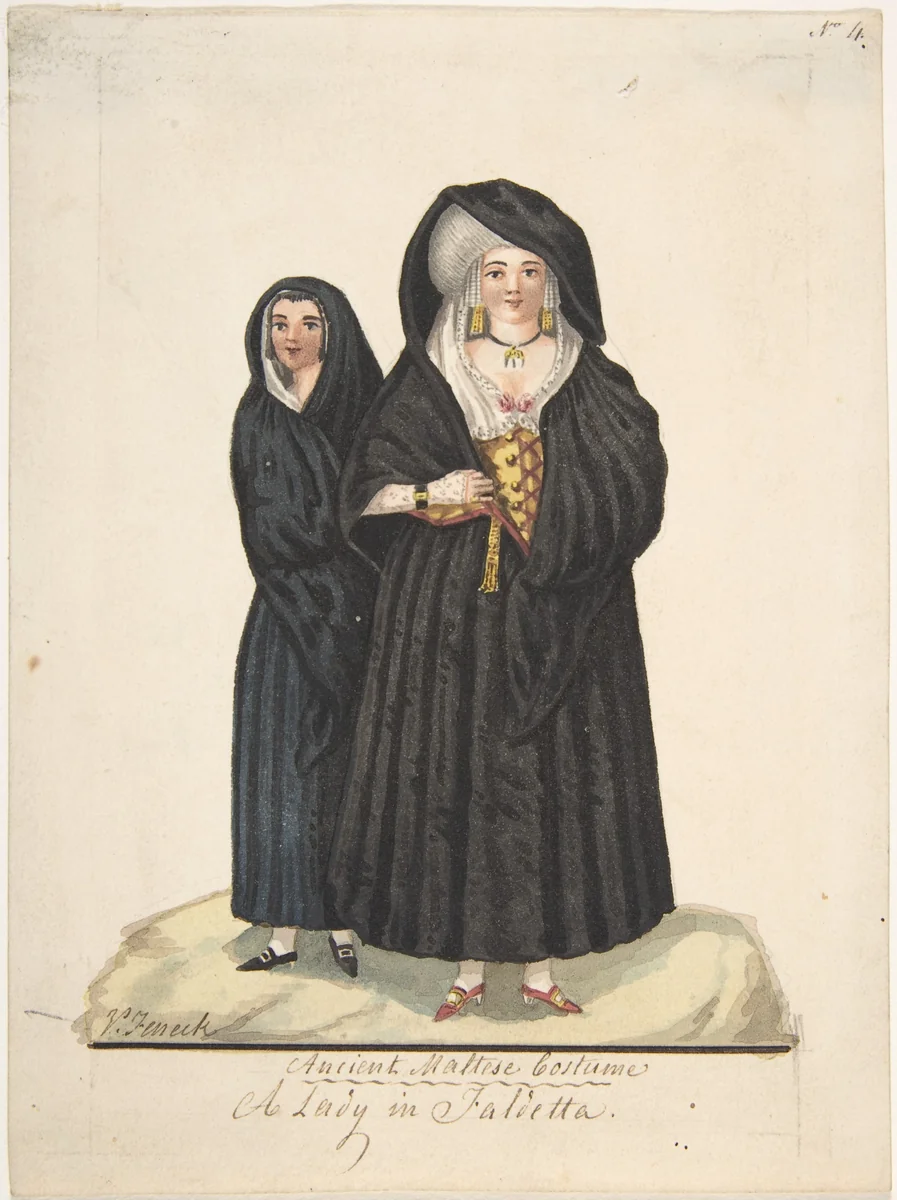 Ancient Maltese Costume, A Lady in a Faldetta by Vincenzo Feneck, drawing, 1900-1967