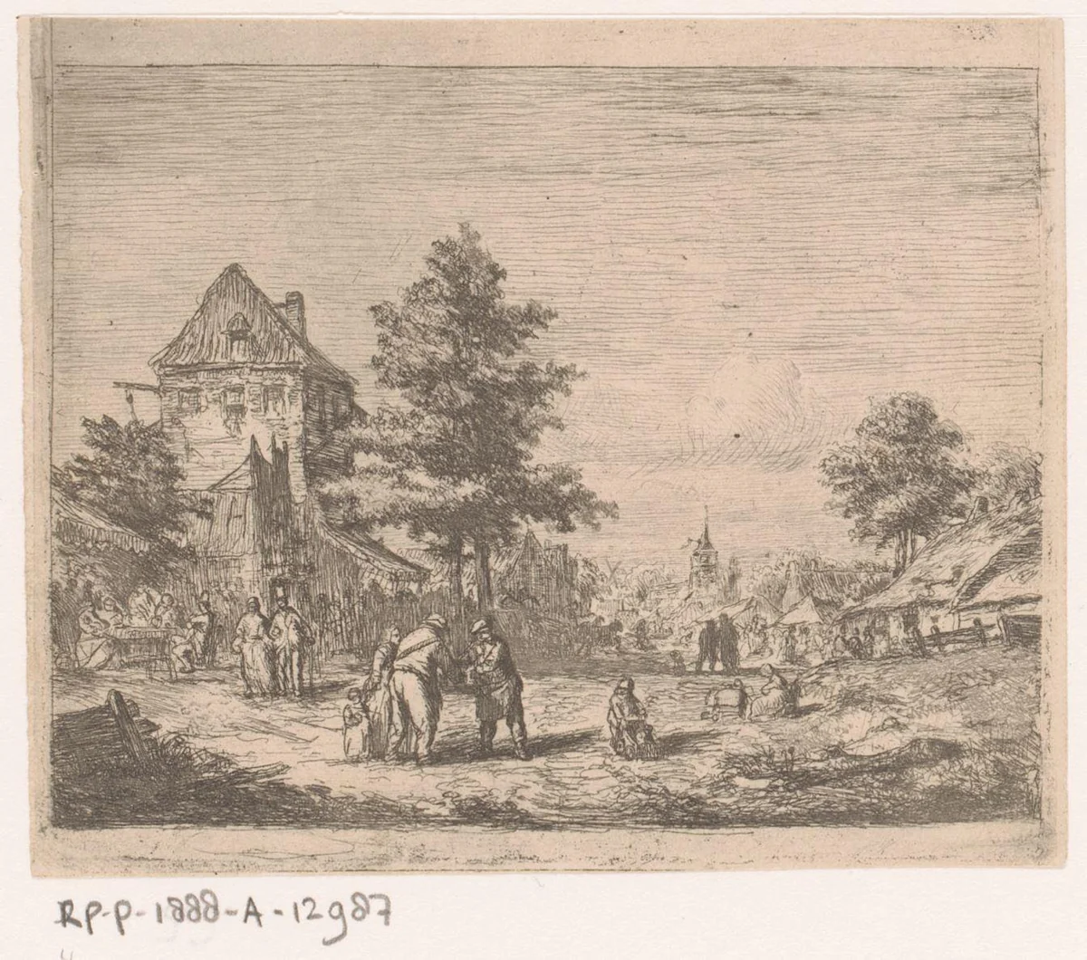 Dorpsgezicht met veel mensen op straat en een kerk op de achtergrond by Florent Nicolas Crabeels, print, 1849