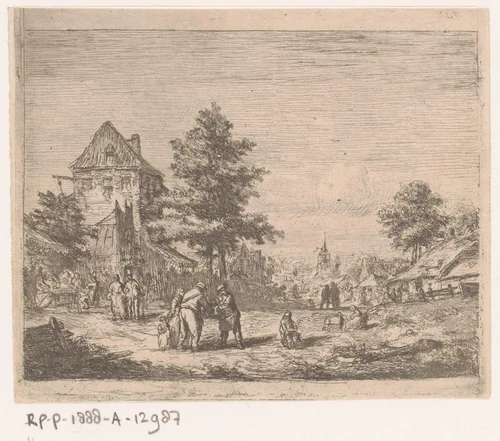 Dorpsgezicht met veel mensen op straat en een kerk op de achtergrond by Florent Nicolas Crabeels, print, 1849