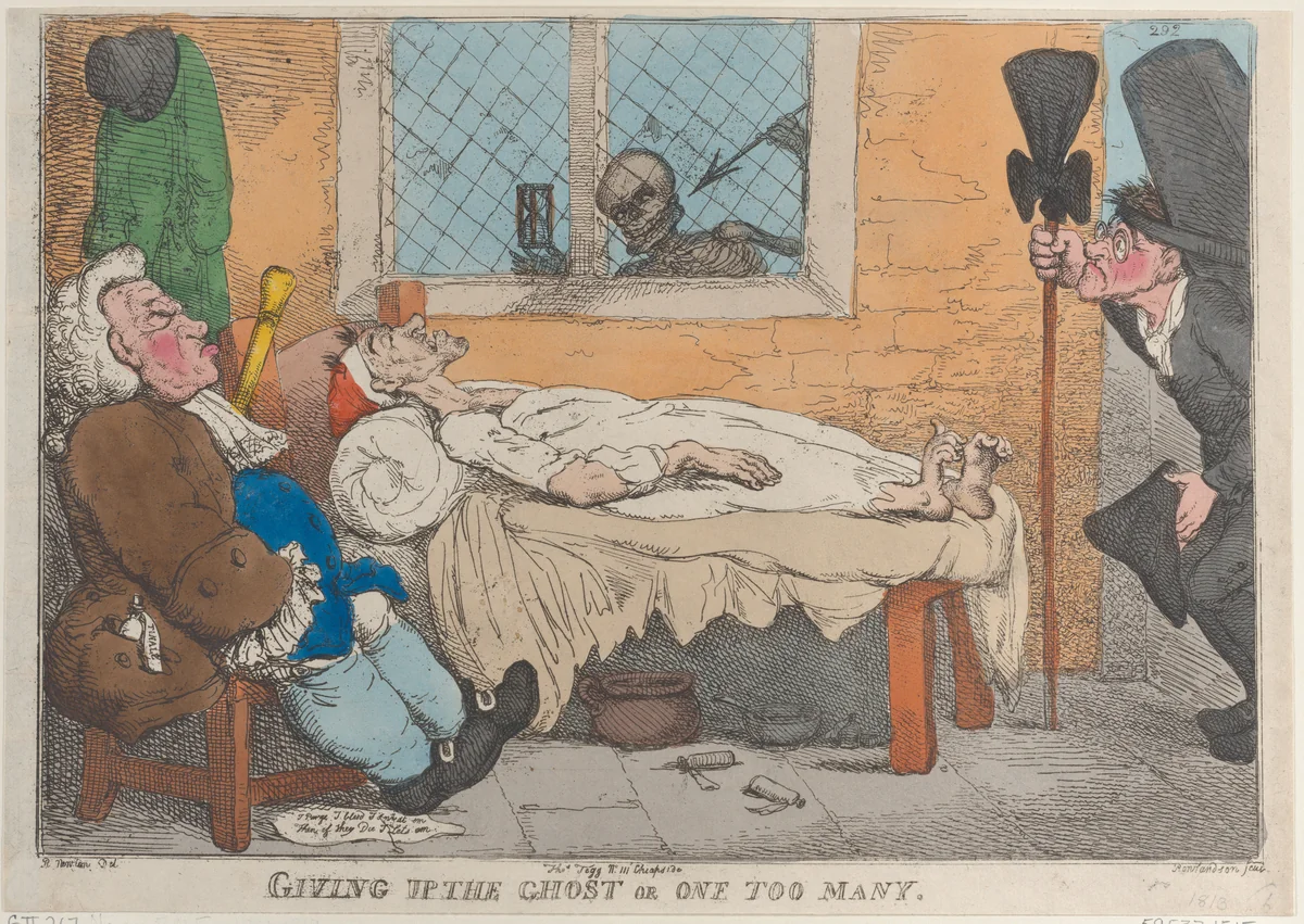 Giving Up the Ghost or One Too Many by Thomas Rowlandson, print, 1813