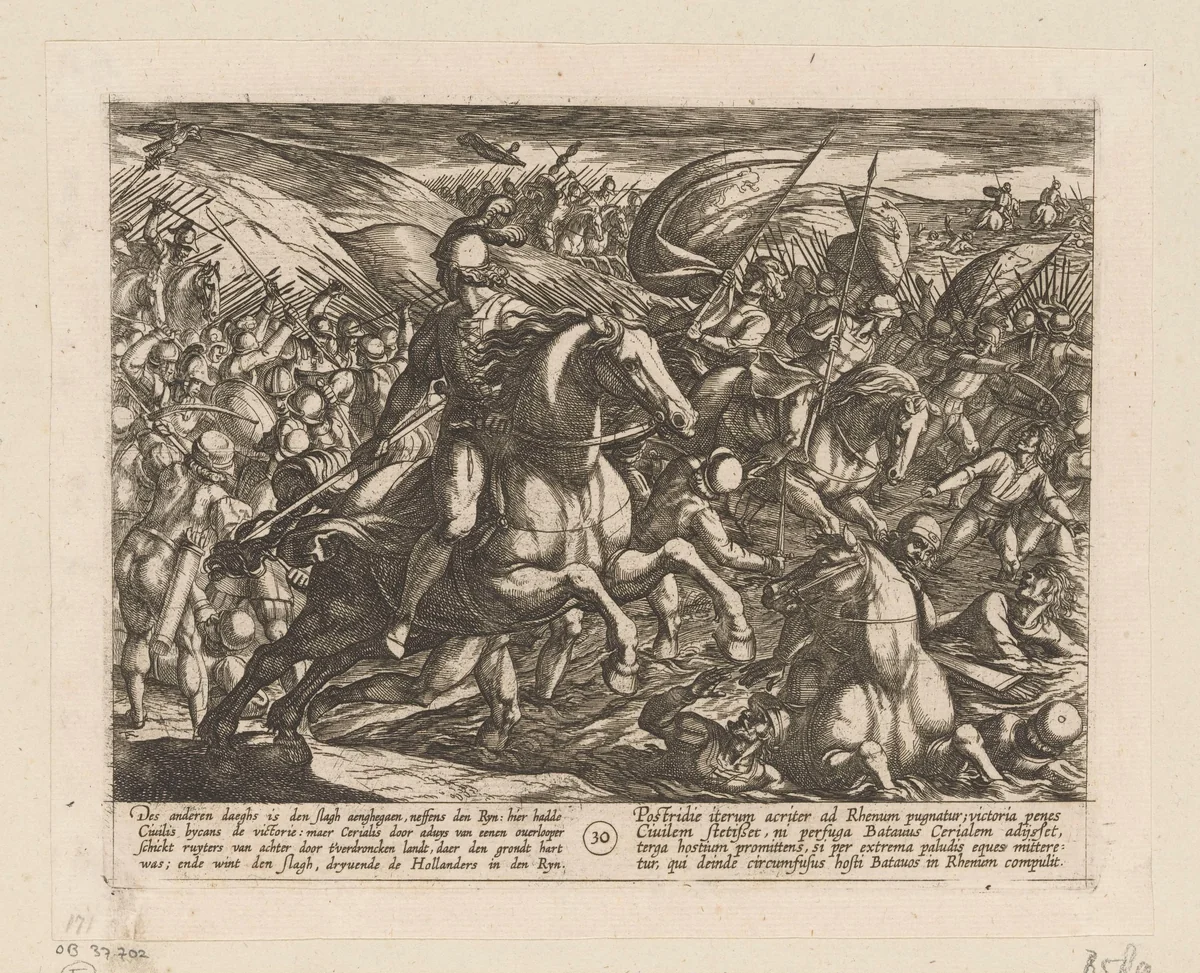 Cerialis drijft de Bataven in de Rijn, 69-70 by Antonio Tempesta, print, 1612