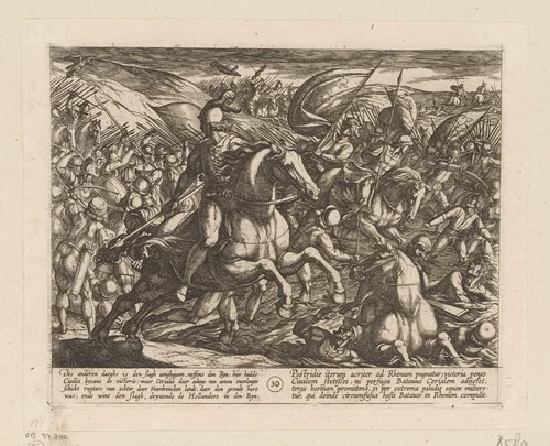 Cerialis drijft de Bataven in de Rijn, 69-70 by Antonio Tempesta, print, 1612