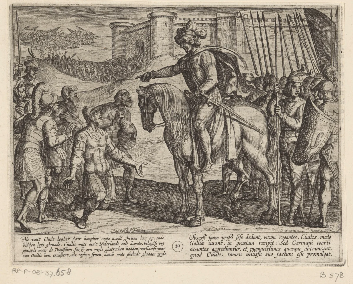 Mannen uit het fort geven zich over aan Julius Civilis by Antonio Tempesta, print, 1611-1612