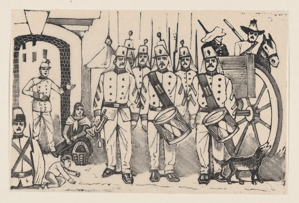 A marching band standing in a street, illustration from 'La gorra del cuartel' by José Guadalupe Posada, print, 1875-1885