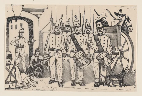 A marching band standing in a street, illustration from 'La gorra del cuartel' by José Guadalupe Posada, print, 1875-1885