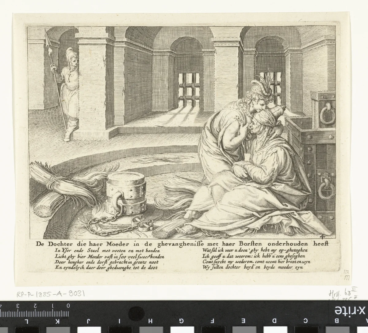 Een dochter zoogt  haar moeder in de gevangenis by Zacharias Dolendo, print, 1615-1652