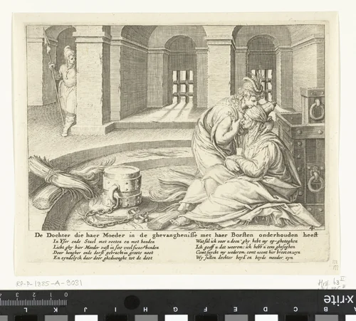 Een dochter zoogt  haar moeder in de gevangenis by Zacharias Dolendo, print, 1615-1652