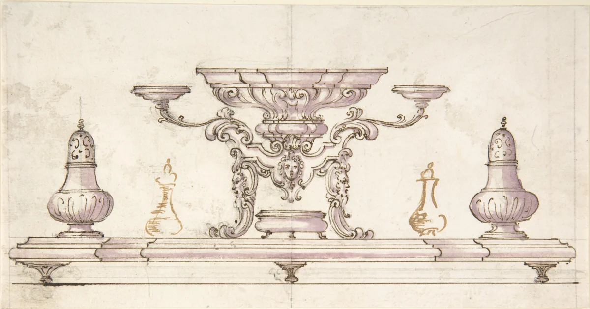 Drawing for Centerpiece and Salt Cellars by anonymous, drawing, 1700-1800