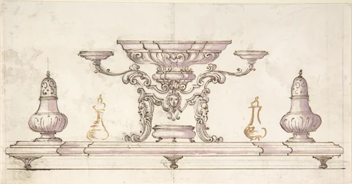 Drawing for Centerpiece and Salt Cellars by anonymous, drawing, 1700-1800