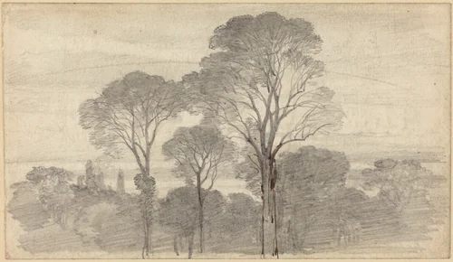 An Evening Landscape with Tall Trees by Myles Birket Foster, drawing, 1825-1899