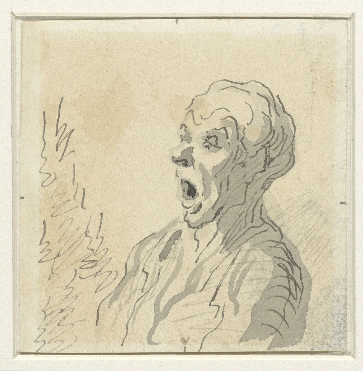 Kop van een oude man met opengesperde mond by Honoré Daumier, drawing, 1818-1879