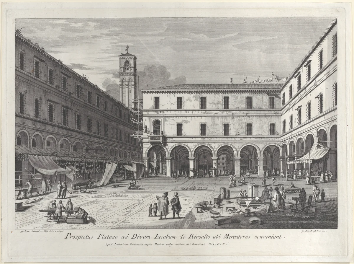 View of the market square near the church of San Giacomo by Giovanni Battista Brustolon, print, 1763