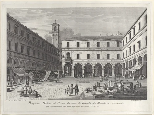 View of the market square near the church of San Giacomo by Giovanni Battista Brustolon, print, 1763