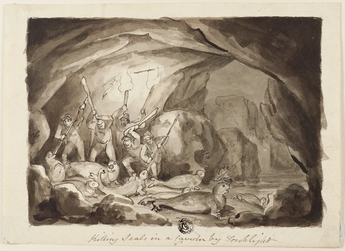 Killing Seals in a Cavern by Torchlight (recto); Sketch of Hunters and Board (verso) by Samuel Howett, drawing, 1755-1822