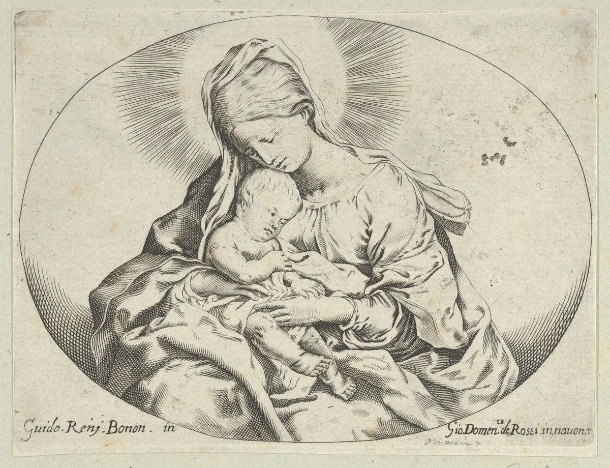 The Virgin holding the infant Christ, an oval composition, after Reni by anonymous, print, 1595-1645