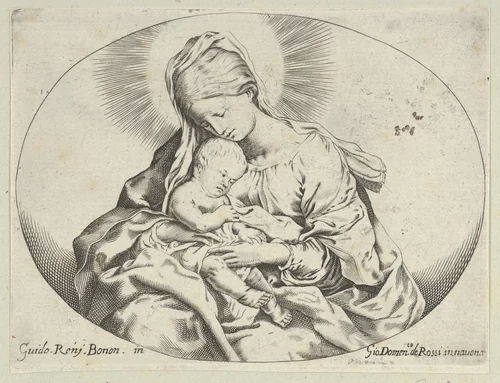 The Virgin holding the infant Christ, an oval composition, after Reni by anonymous, print, 1595-1645