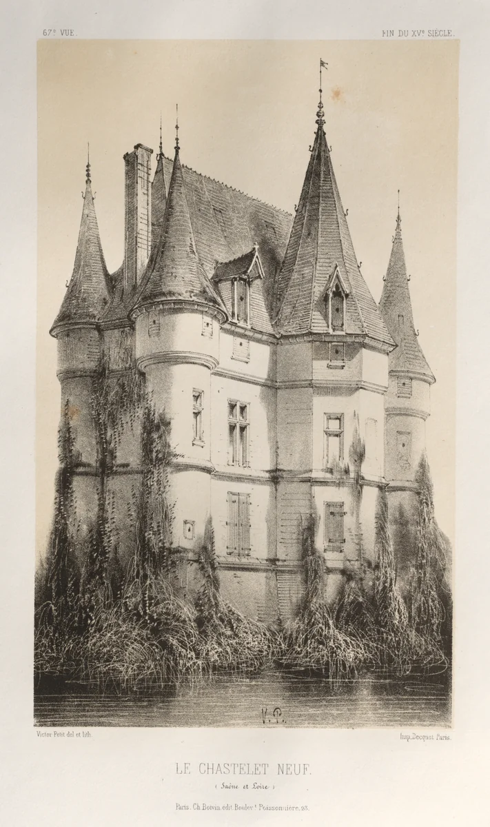 Architecture Pittoresque ou Monuments des XVeme. Et XVIeme. Siecles: Chateaux de France des XV et XVI Siecles: Pl. 67, Le Chastenet-Neuf Saône et Loire) by Victor Petit, print, 1860