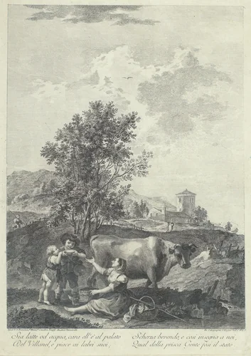 Melkmeid met twee kinderen in een landschap by Francesco Bartolozzi, print, 1762