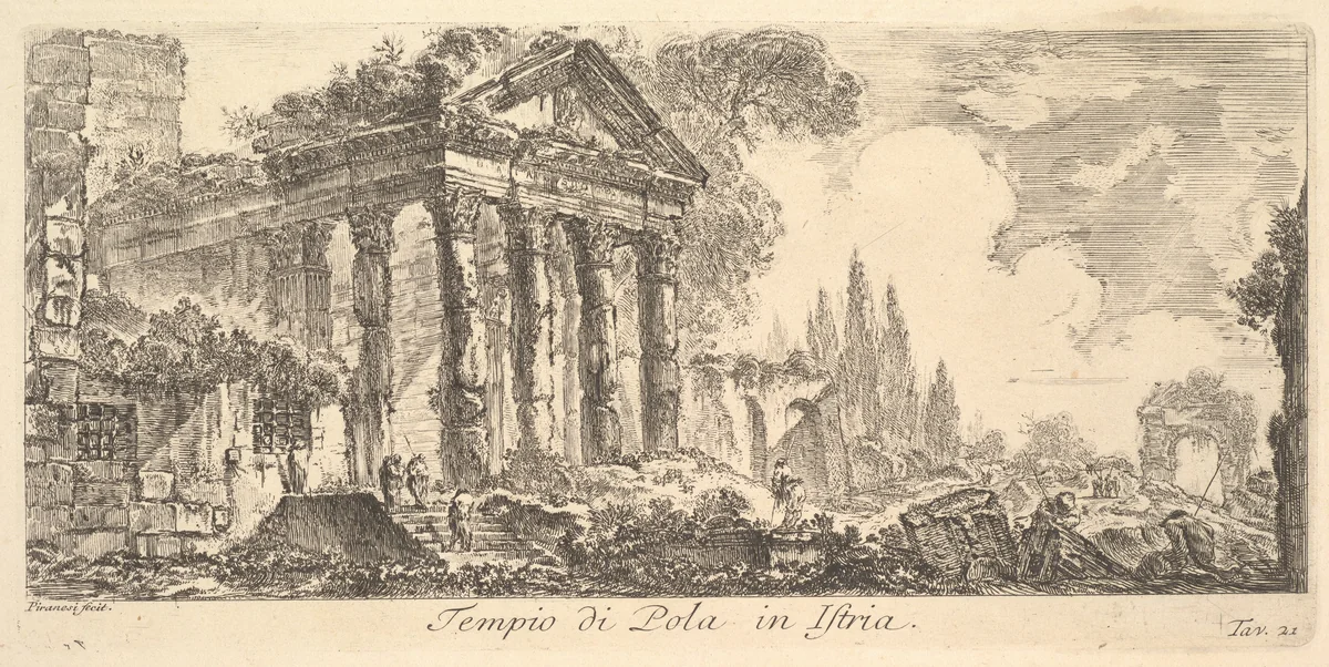 Plate 21: Temple of Pola in Istria (Tempio di Pola in Istria), from "Alcune Vedute di Archi Trionfali ed altri monumenti inalzati da Romani parte di quali se veggono in Roma e parte per l'Italia" (Some Views of Triumphal Arches and other monuments erected by the Romans, some of which are in Rome and some elsewhere in Italy) by Giovanni Battista Piranesi, print, 1743-1753