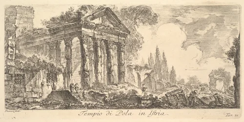 Plate 21: Temple of Pola in Istria (Tempio di Pola in Istria), from "Alcune Vedute di Archi Trionfali ed altri monumenti inalzati da Romani parte di quali se veggono in Roma e parte per l'Italia" (Some Views of Triumphal Arches and other monuments erected by the Romans, some of which are in Rome and some elsewhere in Italy) by Giovanni Battista Piranesi, print, 1743-1753