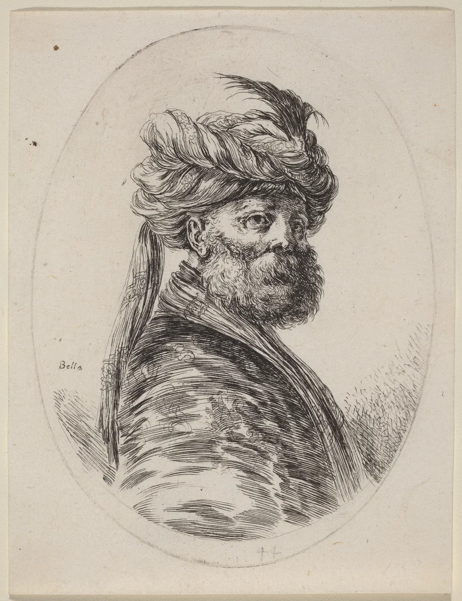 Bearded Moor in a Feathered Turban with a Veil, Turned to the Right by Stefano della Bella, print, 1649-1650