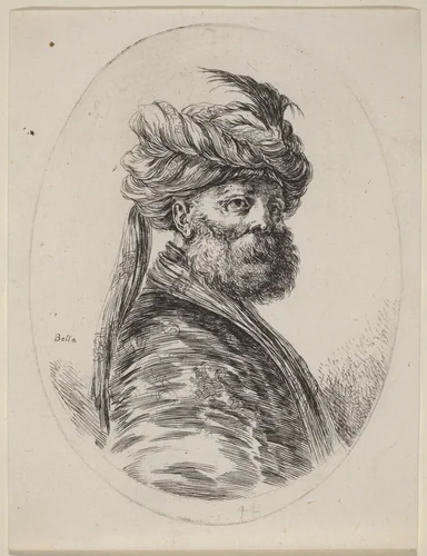 Bearded Moor in a Feathered Turban with a Veil, Turned to the Right by Stefano della Bella, print, 1649-1650