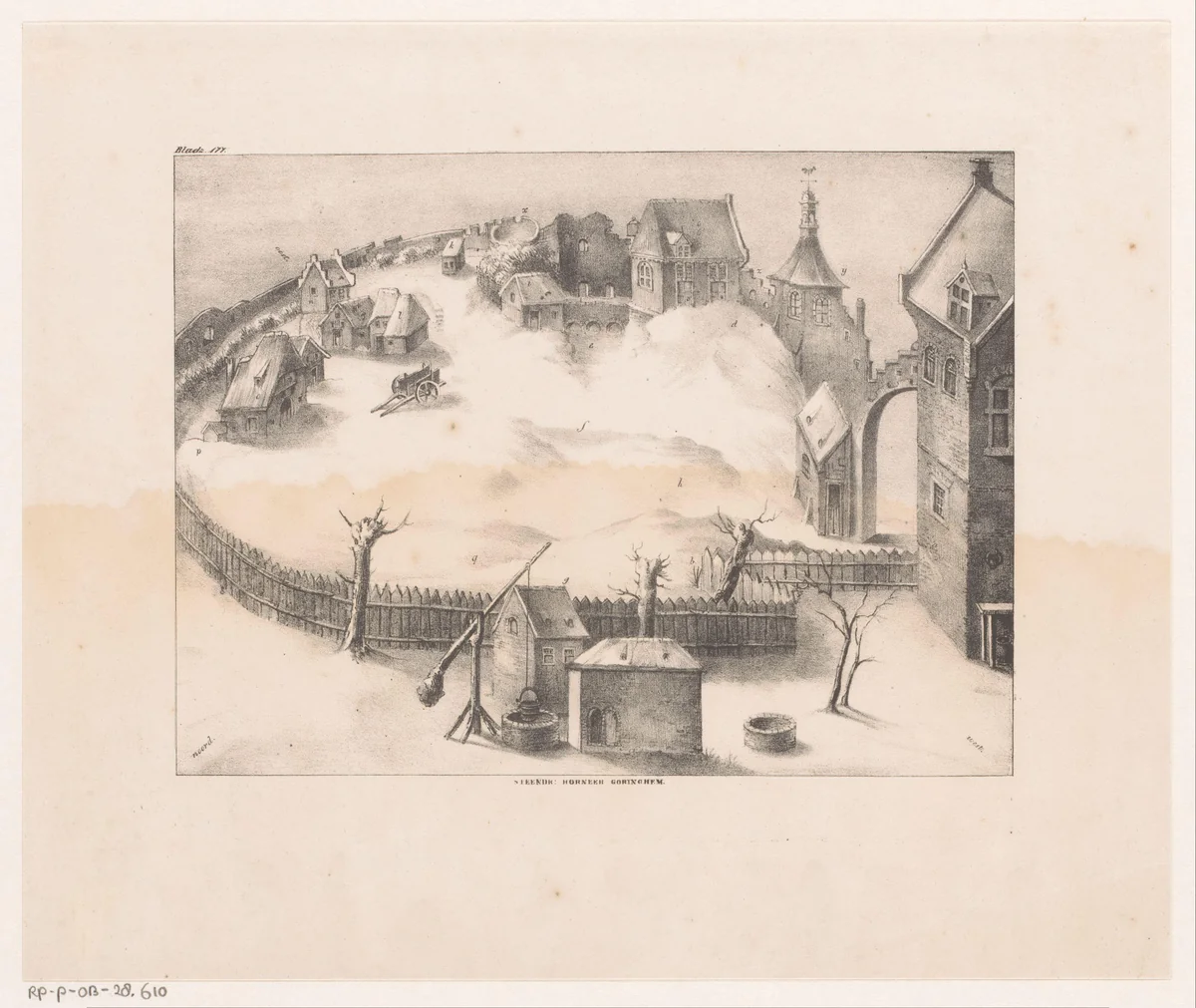 Gezicht op een besneeuwde en omheinde nederzetting by anonymous, print, 1835-1877