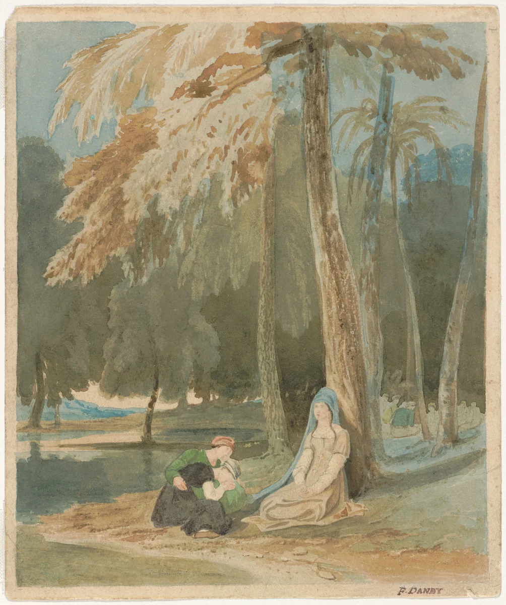 Three Women Seated by a Wooded Lake by Francis Danby, drawing, 1826