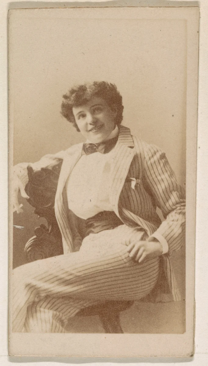 Actress dressed in pinstripe suit, from the Actresses series (N245) issued by Kinney Brothers to promote Sweet Caporal Cigarettes by Kinney Brothers Tobacco Company, photograph, 1890