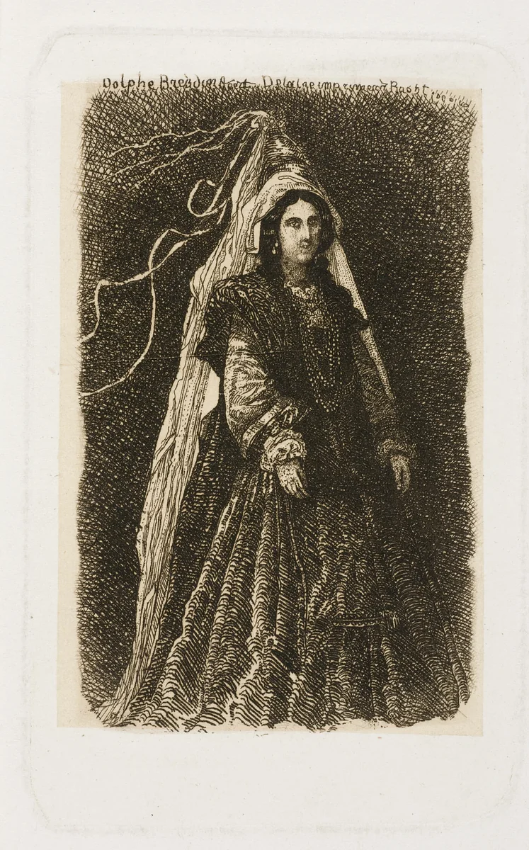 Woman in Fantastic Medieval Costume by Rodolphe Bresdin, print, 1845-1885
