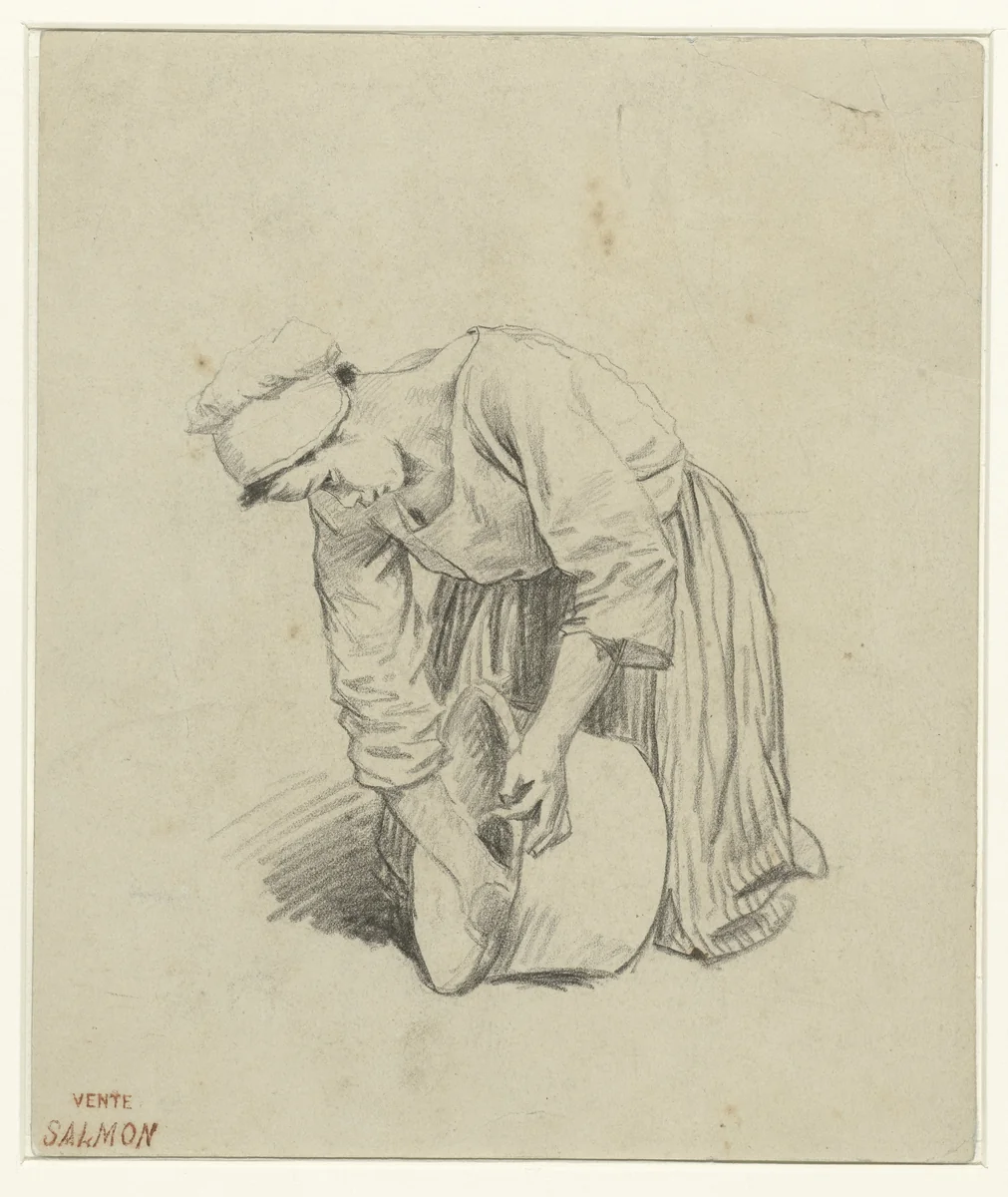 Gehurkt meisje, een grote pan schurend by anonymous, drawing, 1800-1900