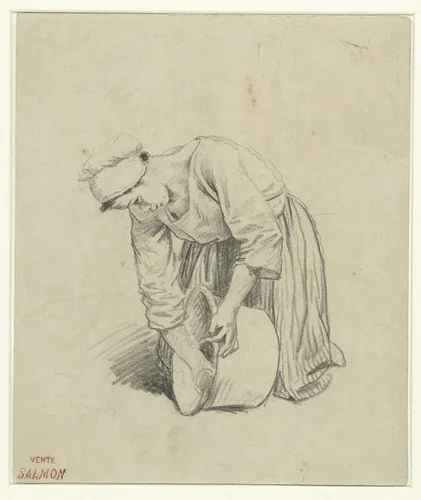 Gehurkt meisje, een grote pan schurend by anonymous, drawing, 1800-1900