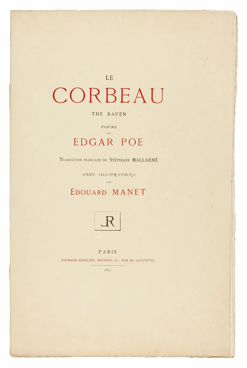 Title Page and Text, from The Raven (Le Corbeau) by Edgar Allan Poe, book, 1875