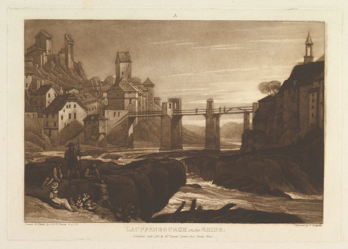 Lauffenbourgh on the Rhine, part VI, plate 31 from "Liber Studiorum" by Joseph Turner, print, 1811