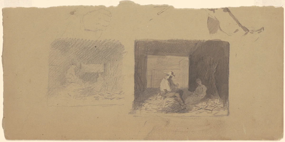 Studies of Farmers Shucking Corn by Enoch Wood Perry, Jr., drawing, 1870-1880