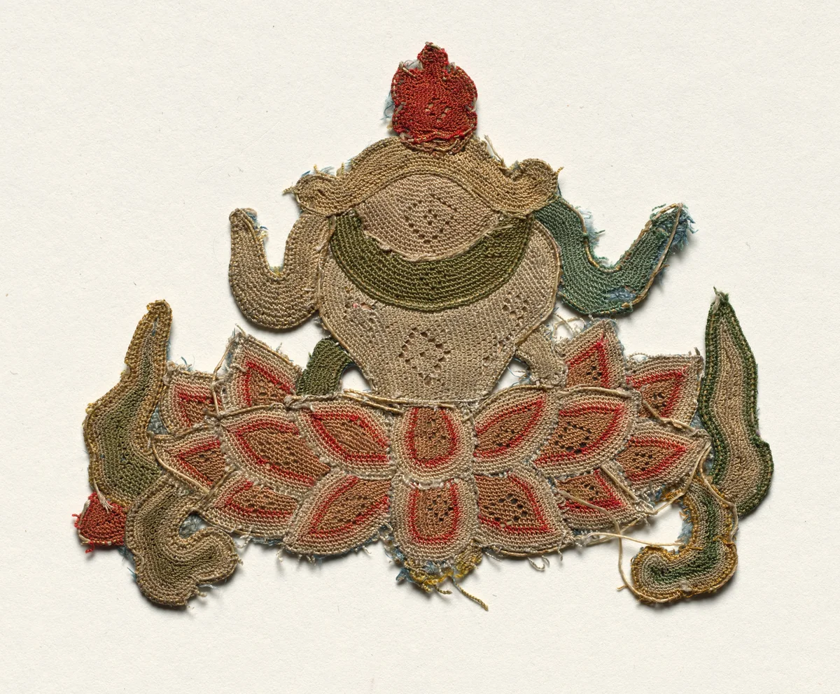 Fragment of Lotus Flower surrounded by Leaves by Unknown, textile, 1300-1399