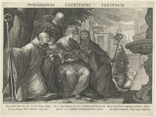 Heilige familie met de Heilige Benedictus en de Heilige Scholastica by Unknown, print, 1594-1632