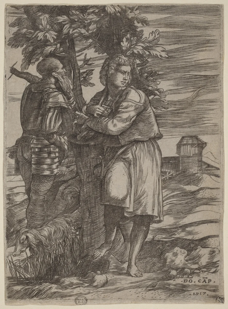 The Shepherd and the Old Warrior by Domenico Campagnola, print, 1517