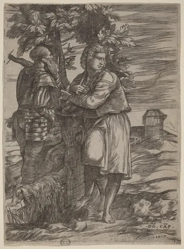 The Shepherd and the Old Warrior by Domenico Campagnola, print, 1517