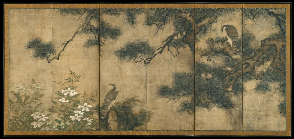 Hawks with Pine Trees and Camellias; Small Birds with Willows and Camellias by Mitani Tōshuku, painting, 1600-1633
