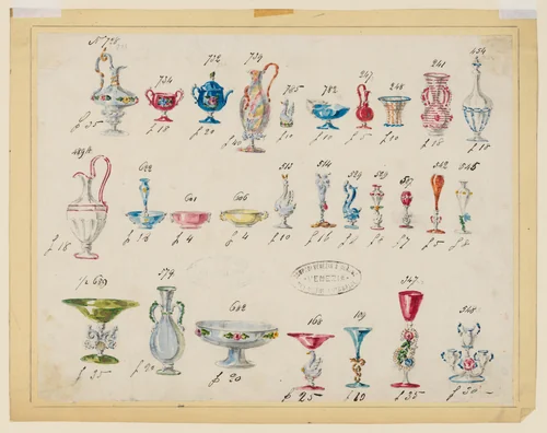 Specimens of White and Colored Glassware by Compagnia di Venezia e Murano, drawing, 1866-1880