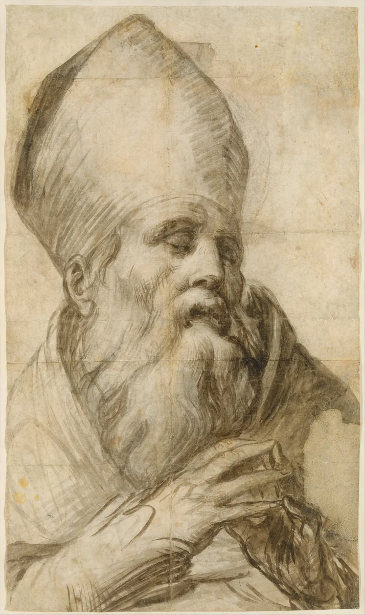 Bishop Saint in Bust-Length (Cartoon for an Altarpiece) by Parmigianino, drawing, 1529-1530